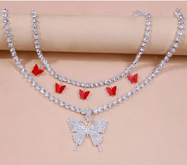 Red Butterfly 2pc Charm Necklace