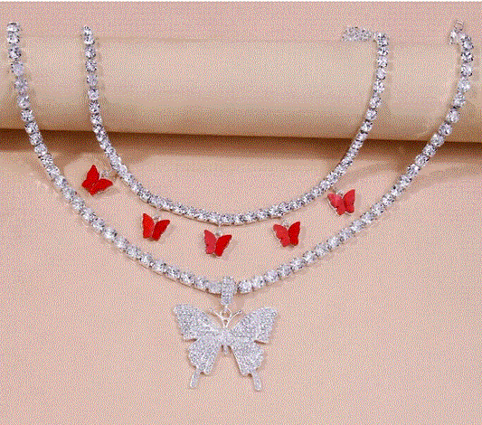 Red Butterfly 2pc Charm Necklace